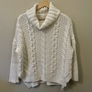 Chunky Oversized Cable Knit Sweater Turtleneck Ivory Cozy Cottage Size M /L READ